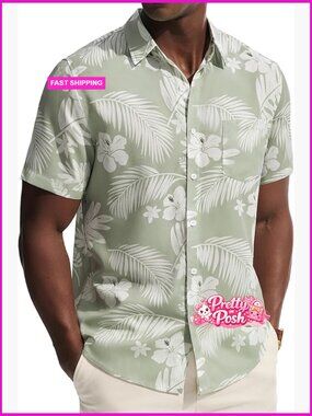 Polyester Hawaiian Shirt Short Sleeve Button Down Tropical Floral